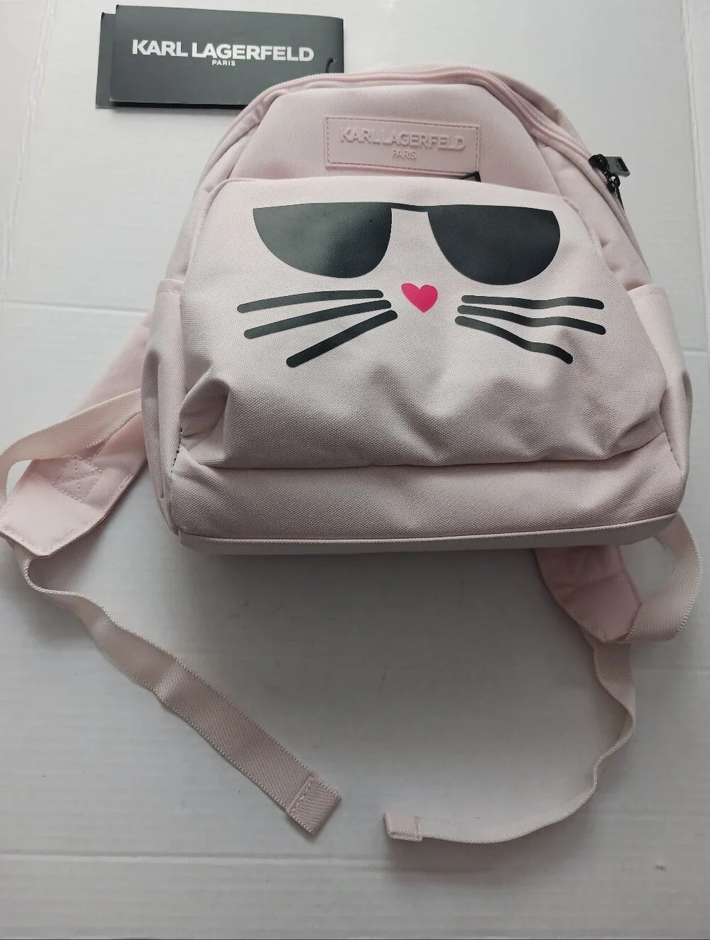 NWT- Karl Lagerfeld Paris Pink Cat Mini Backpack 12.25in Tall Logo Lined
